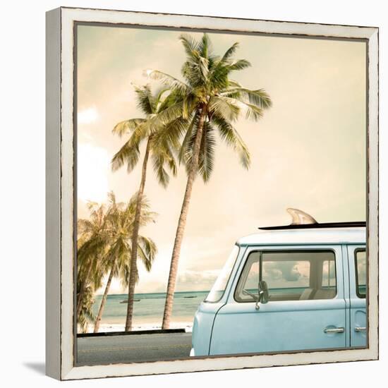 Vintage Car Parked on the Tropical Beach (Seaside) with a Surfboard on the Roof-jakkapan-Framed Stretched Canvas