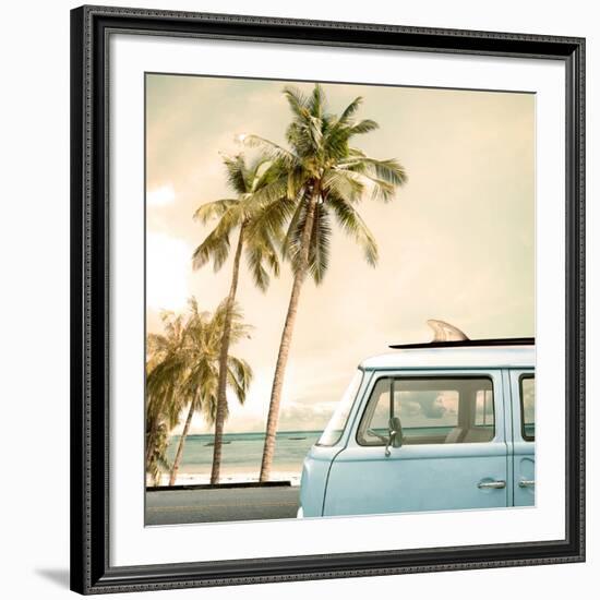 Vintage Car Parked on the Tropical Beach (Seaside) with a Surfboard on the Roof-jakkapan-Framed Giclee Print