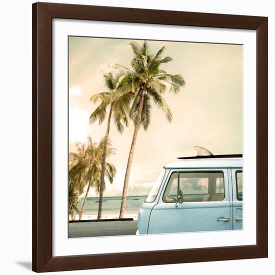 Vintage Car Parked on the Tropical Beach (Seaside) with a Surfboard on the Roof-jakkapan-Framed Giclee Print