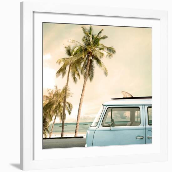 Vintage Car Parked on the Tropical Beach (Seaside) with a Surfboard on the Roof-jakkapan-Framed Giclee Print