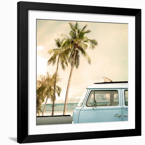 Vintage Car Parked on the Tropical Beach (Seaside) with a Surfboard on the Roof-jakkapan-Framed Giclee Print