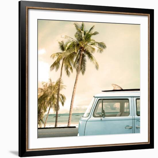 Vintage Car Parked on the Tropical Beach (Seaside) with a Surfboard on the Roof-jakkapan-Framed Giclee Print