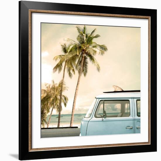 Vintage Car Parked on the Tropical Beach (Seaside) with a Surfboard on the Roof-jakkapan-Framed Giclee Print