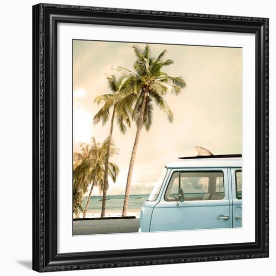 Vintage Car Parked on the Tropical Beach (Seaside) with a Surfboard on the Roof-jakkapan-Framed Giclee Print