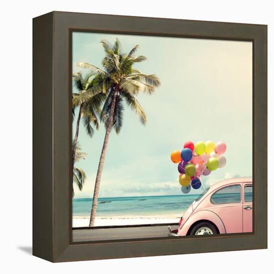 Vintage Card of Car with Colorful Balloon on Beach Blue Sky Concept of Love in Summer and Wedding H-jakkapan-Framed Stretched Canvas