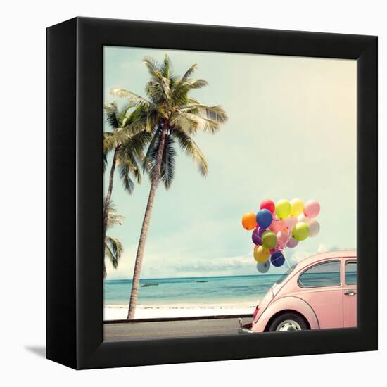 Vintage Card of Car with Colorful Balloon on Beach Blue Sky Concept of Love in Summer and Wedding H-jakkapan-Framed Stretched Canvas