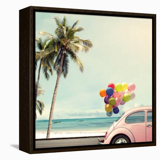 Vintage Card of Car with Colorful Balloon on Beach Blue Sky Concept of Love in Summer and Wedding H-jakkapan-Framed Stretched Canvas