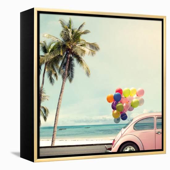 Vintage Card of Car with Colorful Balloon on Beach Blue Sky Concept of Love in Summer and Wedding H-jakkapan-Framed Stretched Canvas