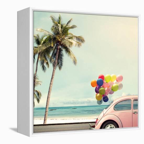 Vintage Card of Car with Colorful Balloon on Beach Blue Sky Concept of Love in Summer and Wedding H-jakkapan-Framed Stretched Canvas