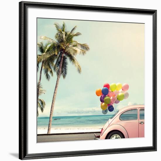 Vintage Card of Car with Colorful Balloon on Beach Blue Sky Concept of Love in Summer and Wedding H-jakkapan-Framed Photographic Print