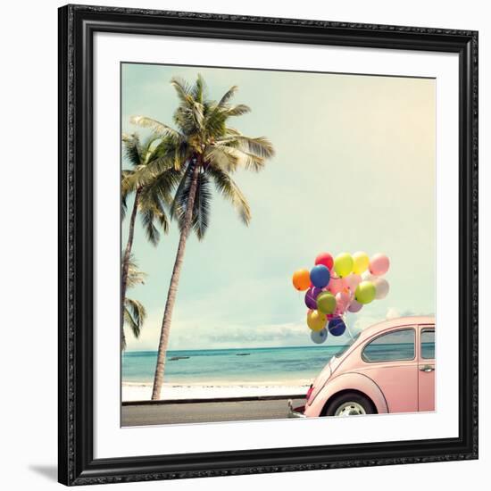 Vintage Card of Car with Colorful Balloon on Beach Blue Sky Concept of Love in Summer and Wedding H-jakkapan-Framed Photographic Print