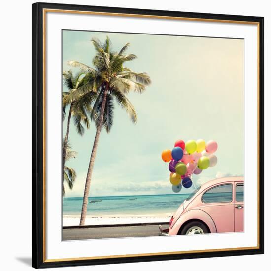 Vintage Card of Car with Colorful Balloon on Beach Blue Sky Concept of Love in Summer and Wedding H-jakkapan-Framed Photographic Print