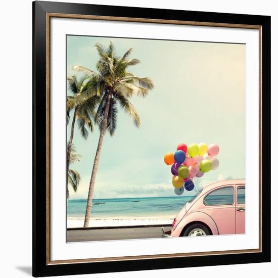 Vintage Card of Car with Colorful Balloon on Beach Blue Sky Concept of Love in Summer and Wedding H-jakkapan-Framed Photographic Print