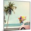 Vintage Card of Car with Colorful Balloon on Beach Blue Sky Concept of Love in Summer and Wedding H-jakkapan-Mounted Photographic Print