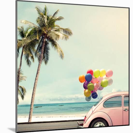 Vintage Card of Car with Colorful Balloon on Beach Blue Sky Concept of Love in Summer and Wedding H-jakkapan-Mounted Photographic Print