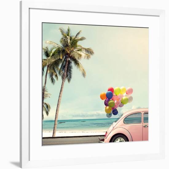 Vintage Card of Car with Colorful Balloon on Beach Blue Sky Concept of Love in Summer and Wedding H-jakkapan-Framed Photographic Print