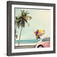 Vintage Card of Car with Colorful Balloon on Beach Blue Sky Concept of Love in Summer and Wedding H-jakkapan-Framed Photographic Print