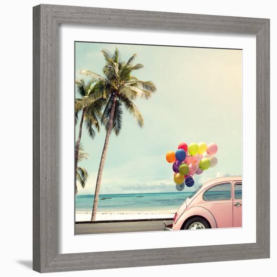 Vintage Card of Car with Colorful Balloon on Beach Blue Sky Concept of Love in Summer and Wedding H-jakkapan-Framed Photographic Print