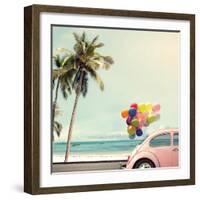 Vintage Card of Car with Colorful Balloon on Beach Blue Sky Concept of Love in Summer and Wedding H-jakkapan-Framed Photographic Print