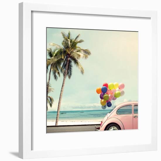 Vintage Card of Car with Colorful Balloon on Beach Blue Sky Concept of Love in Summer and Wedding H-jakkapan-Framed Photographic Print