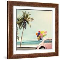 Vintage Card of Car with Colorful Balloon on Beach Blue Sky Concept of Love in Summer and Wedding H-jakkapan-Framed Photographic Print