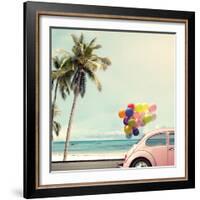Vintage Card of Car with Colorful Balloon on Beach Blue Sky Concept of Love in Summer and Wedding H-jakkapan-Framed Photographic Print