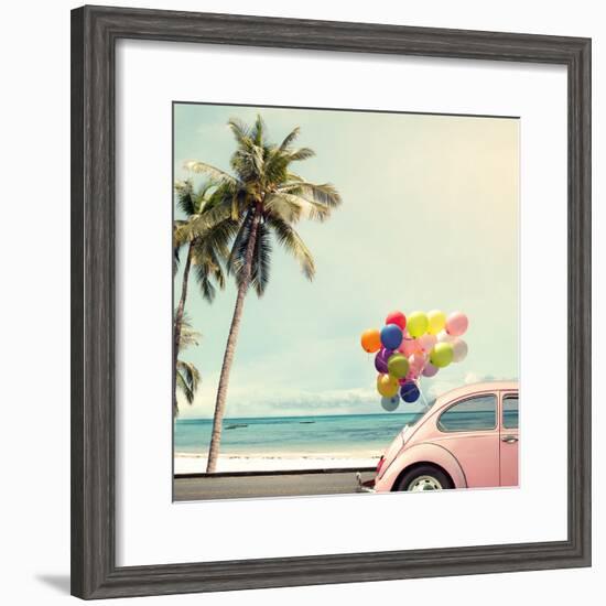 Vintage Card of Car with Colorful Balloon on Beach Blue Sky Concept of Love in Summer and Wedding H-jakkapan-Framed Photographic Print