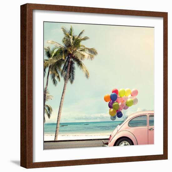 Vintage Card of Car with Colorful Balloon on Beach Blue Sky Concept of Love in Summer and Wedding H-jakkapan-Framed Photographic Print