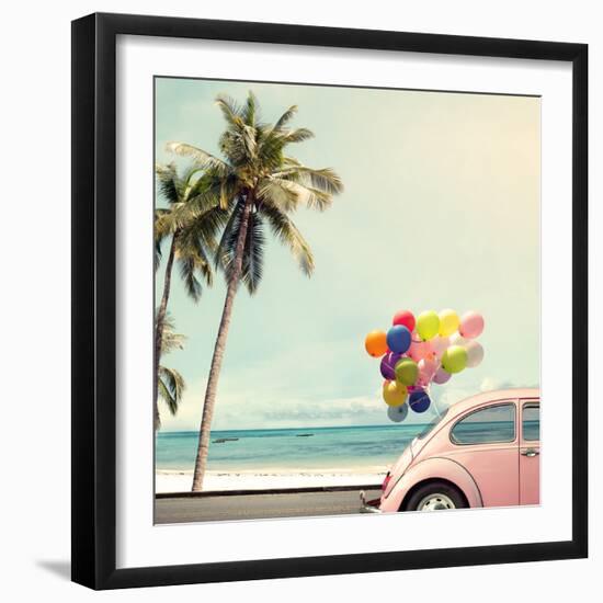 Vintage Card of Car with Colorful Balloon on Beach Blue Sky Concept of Love in Summer and Wedding H-jakkapan-Framed Photographic Print