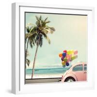 Vintage Card of Car with Colorful Balloon on Beach Blue Sky Concept of Love in Summer and Wedding H-jakkapan-Framed Photographic Print