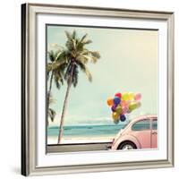 Vintage Card of Car with Colorful Balloon on Beach Blue Sky Concept of Love in Summer and Wedding H-jakkapan-Framed Photographic Print