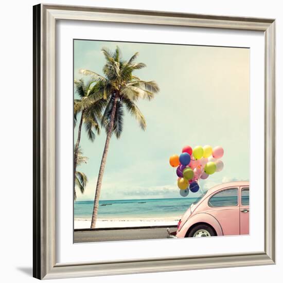 Vintage Card of Car with Colorful Balloon on Beach Blue Sky Concept of Love in Summer and Wedding H-jakkapan-Framed Photographic Print