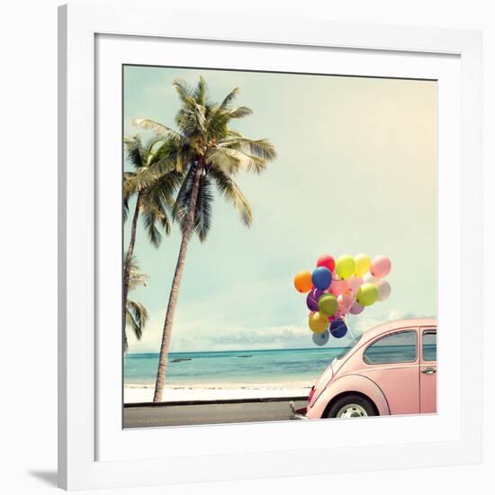 Vintage Card of Car with Colorful Balloon on Beach Blue Sky Concept of Love in Summer and Wedding H-jakkapan-Framed Giclee Print