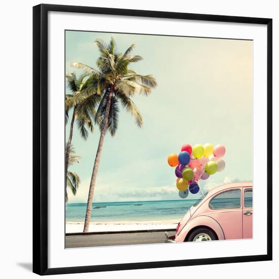 Vintage Card of Car with Colorful Balloon on Beach Blue Sky Concept of Love in Summer and Wedding H-jakkapan-Framed Giclee Print