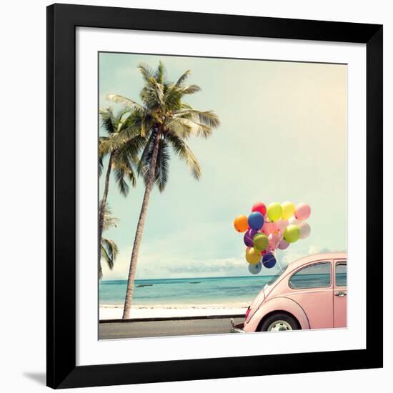 Vintage Card of Car with Colorful Balloon on Beach Blue Sky Concept of Love in Summer and Wedding H-jakkapan-Framed Giclee Print