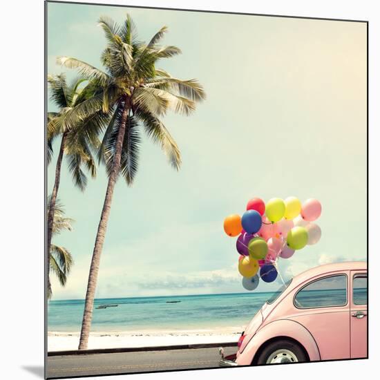 Vintage Card of Car with Colorful Balloon on Beach Blue Sky Concept of Love in Summer and Wedding H-jakkapan-Mounted Giclee Print