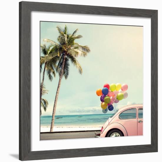 Vintage Card of Car with Colorful Balloon on Beach Blue Sky Concept of Love in Summer and Wedding H-jakkapan-Framed Giclee Print