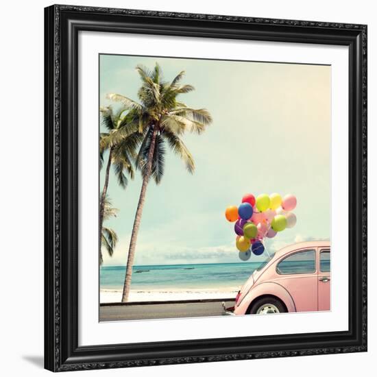 Vintage Card of Car with Colorful Balloon on Beach Blue Sky Concept of Love in Summer and Wedding H-jakkapan-Framed Giclee Print