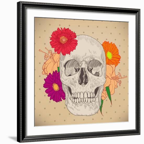 Vintage Card with Skull and Flowers on Beige Background. Day of the Death. Colorful Vector Illustra-golubok-Framed Art Print