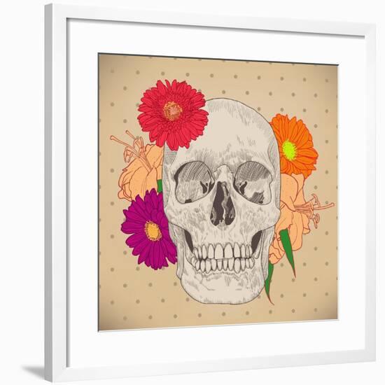 Vintage Card with Skull and Flowers on Beige Background. Day of the Death. Colorful Vector Illustra-golubok-Framed Art Print