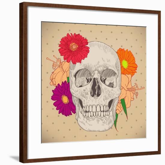 Vintage Card with Skull and Flowers on Beige Background. Day of the Death. Colorful Vector Illustra-golubok-Framed Art Print