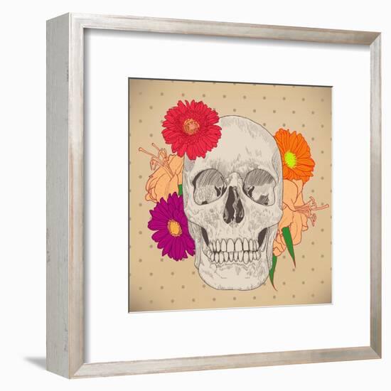 Vintage Card with Skull and Flowers on Beige Background. Day of the Death. Colorful Vector Illustra-golubok-Framed Art Print