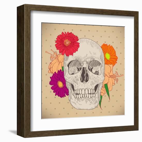 Vintage Card with Skull and Flowers on Beige Background. Day of the Death. Colorful Vector Illustra-golubok-Framed Art Print