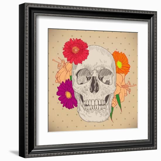 Vintage Card with Skull and Flowers on Beige Background. Day of the Death. Colorful Vector Illustra-golubok-Framed Art Print
