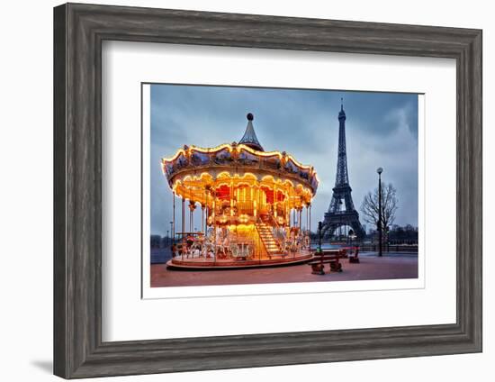 Vintage Carousel Eiffel Tower-null-Framed Art Print