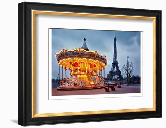 Vintage Carousel Eiffel Tower-null-Framed Art Print