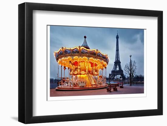 Vintage Carousel Eiffel Tower-null-Framed Art Print