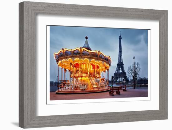 Vintage Carousel Eiffel Tower-null-Framed Art Print