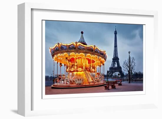 Vintage Carousel Eiffel Tower-null-Framed Art Print