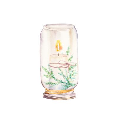 Vintage Christmas Decor Watercolor Glass Jar With Candle Light And Christmas Tree Branches Art Print Eisfrei Art Com